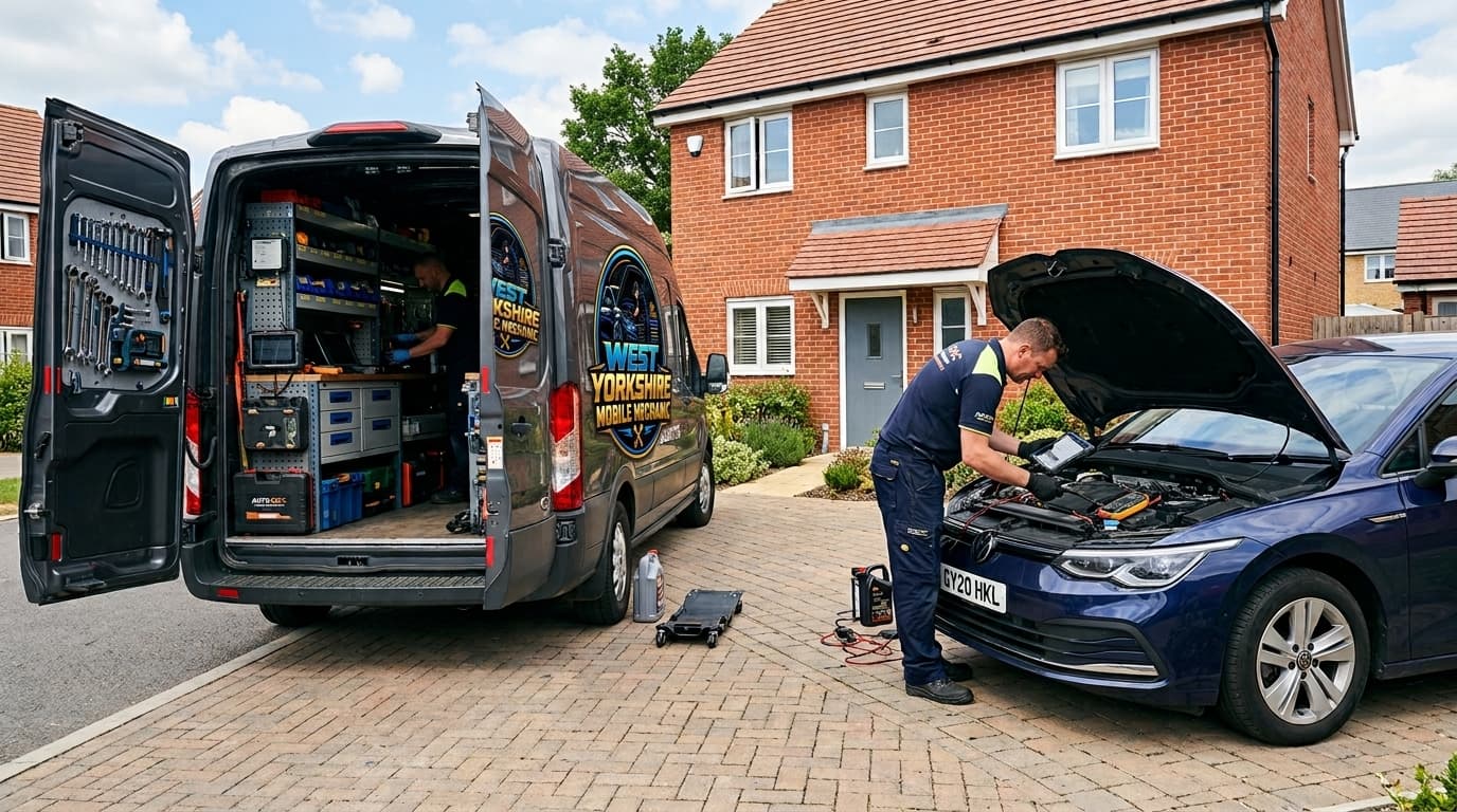 West Yorkshire Mobile Mechanic van servicing a car at a customer's home